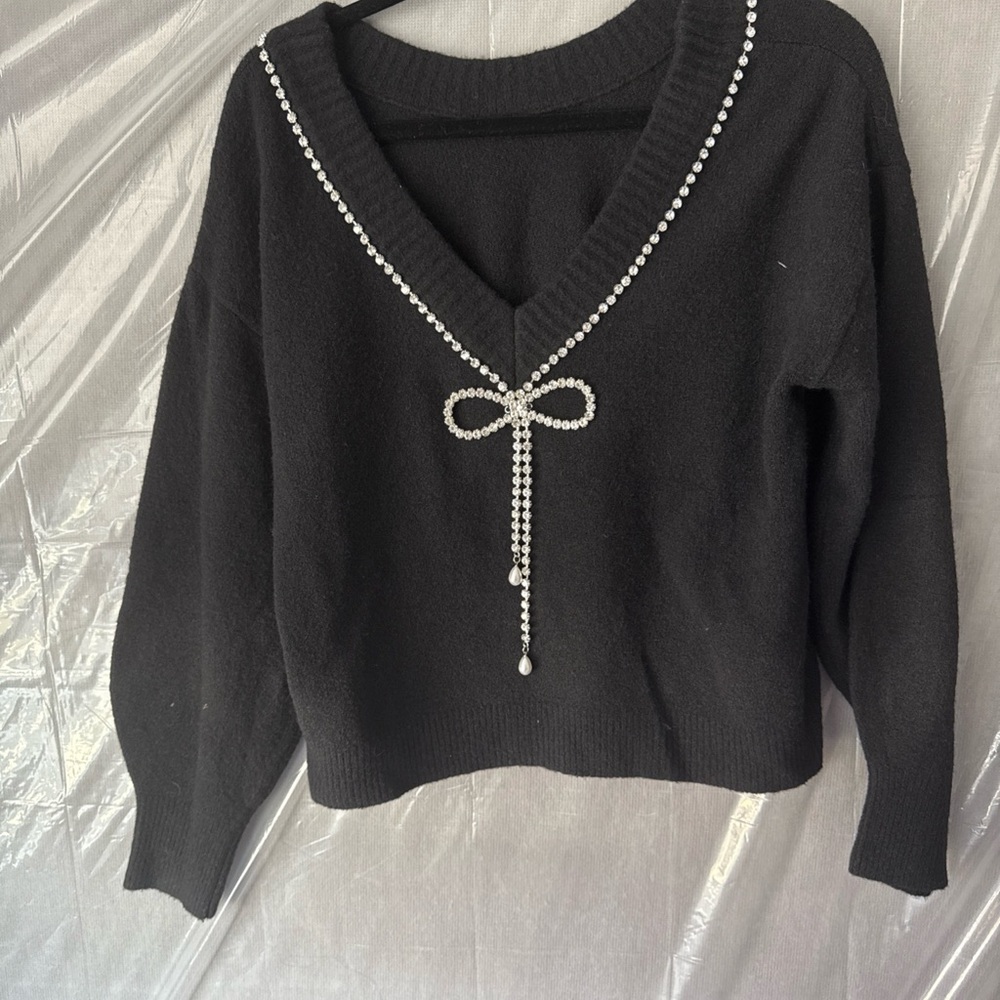 Elegant Black Sweater with Pearl Detailing Express NWT